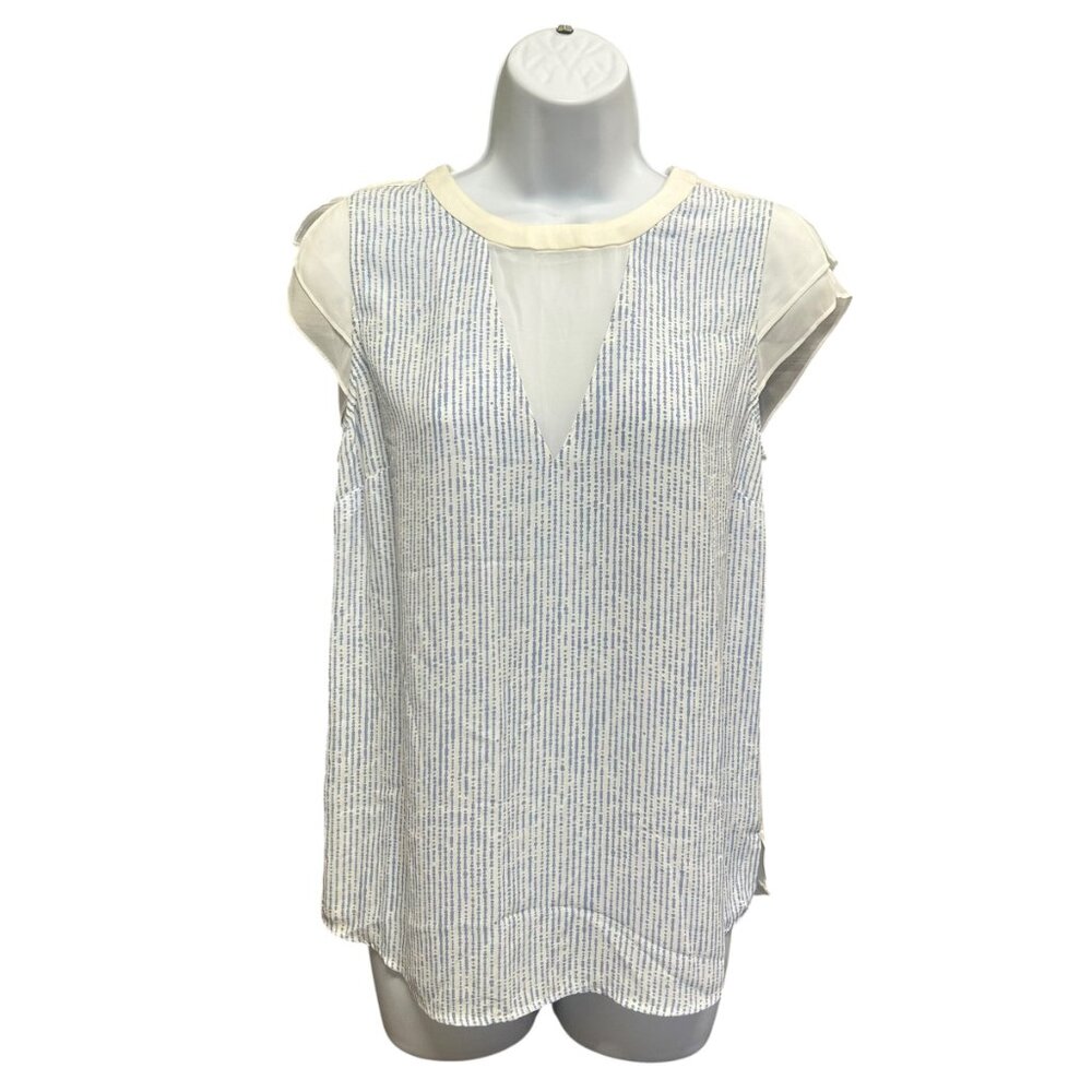 Camber Grace Blue White Textured Stripe V-Neck Mixed Media Blouse Size S